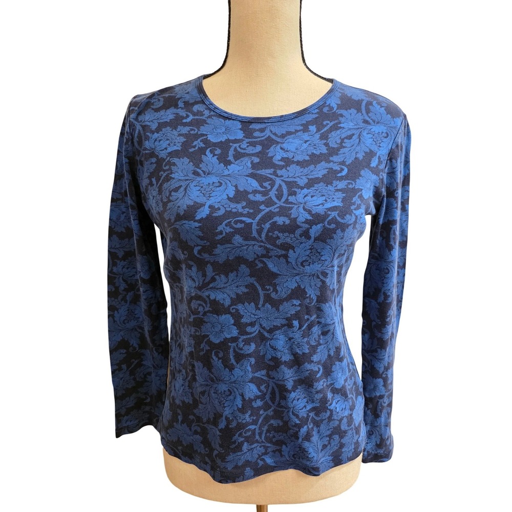 Lauren Ralph Lauren Blue Floral Damask Cotton Long Sleeve Top Medium